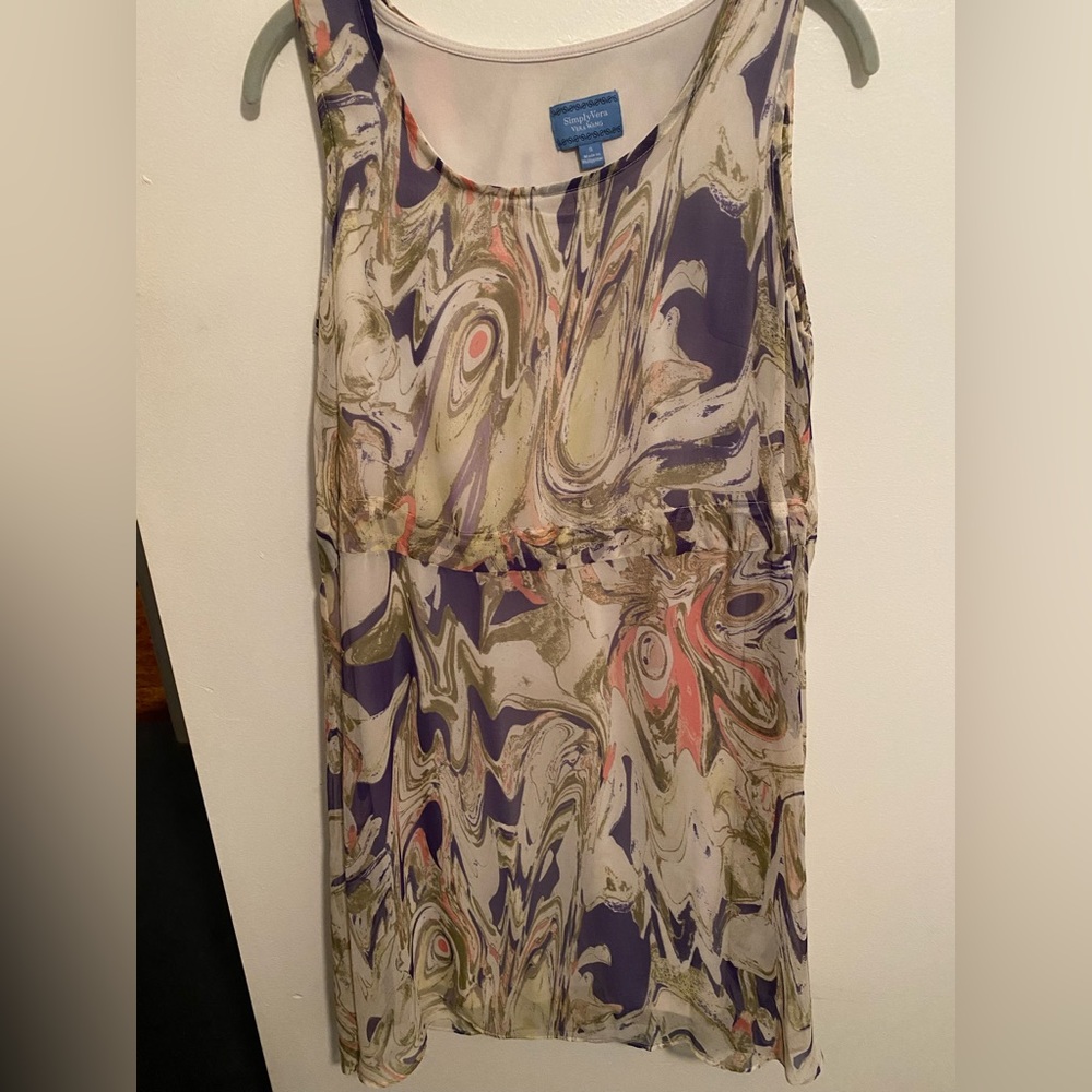 Women’s Simply Vera semi sheer dress with sz. S, purple/white psychedelic print